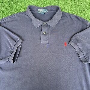 VTG Polo Ralph Lauren Shirt Men Large Navy Blue Short Sleeve Red Pony Cotton Y2K